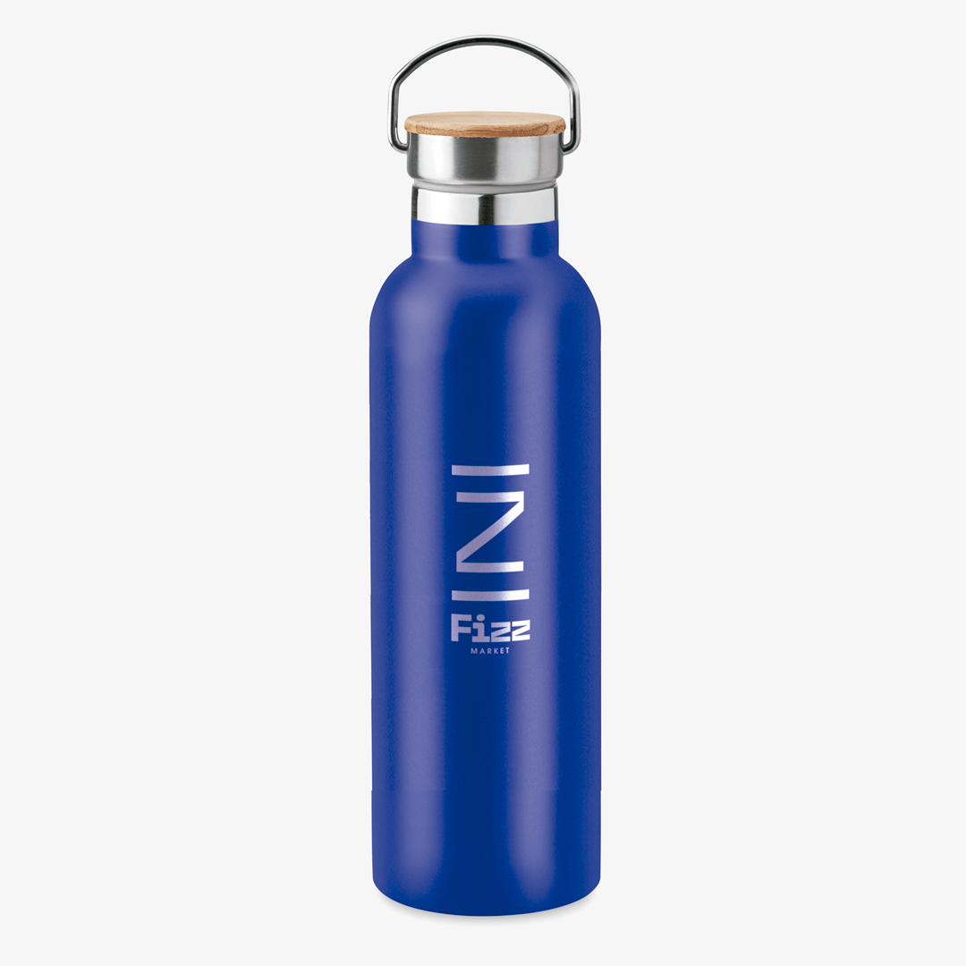 Double-walled stainless steel insulated thermos bottle with bamboo lid
