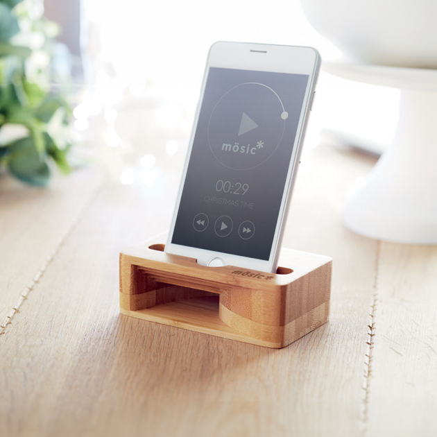 Soporte para smartphone y amplificador en bambú