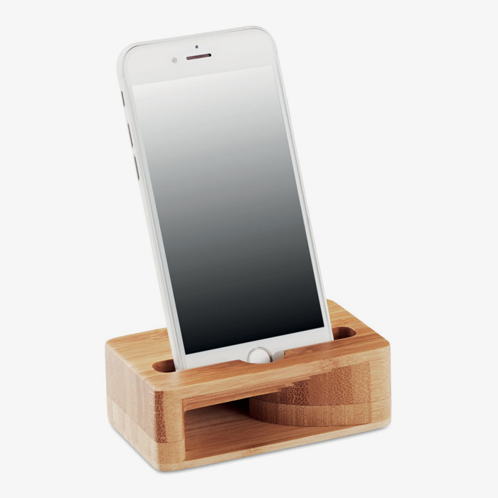 Soporte para smartphone y amplificador en bambú