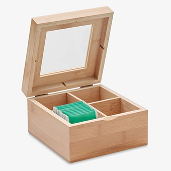 Caja de té en bambú con tapa transparente personalizada